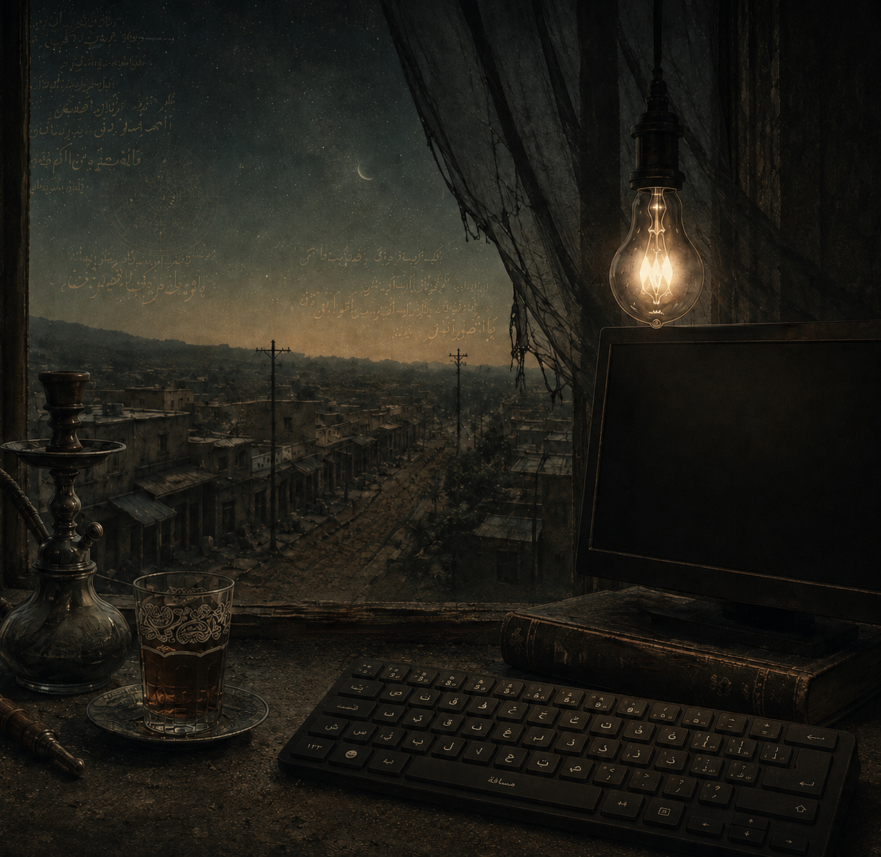 The desk by the window; an Arabic keyboard, tea and a hookah, a twilight street below.