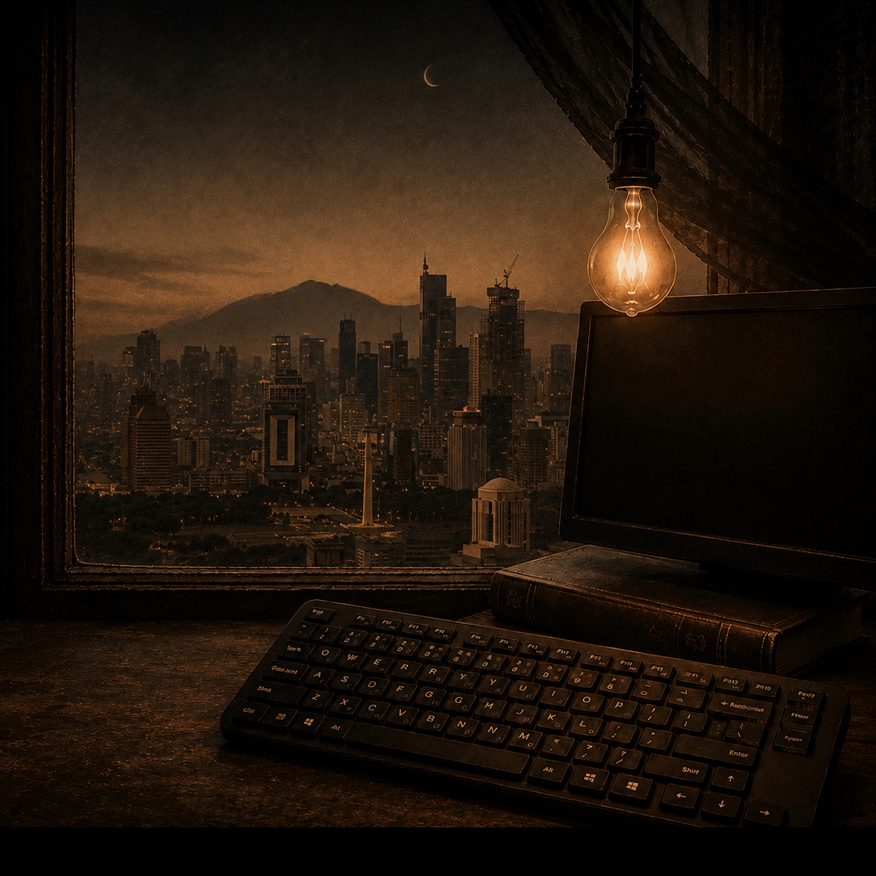 The desk by the window; a QWERTY keyboard, a city skyline and a mountain under a crescent moon.