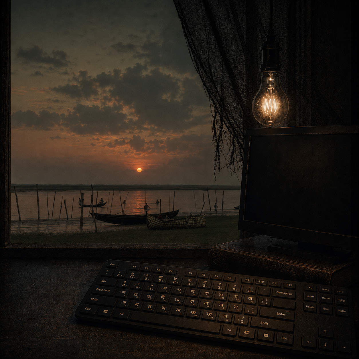 The desk by the window; a Bengali keyboard, fishing boats on a river at sunset.