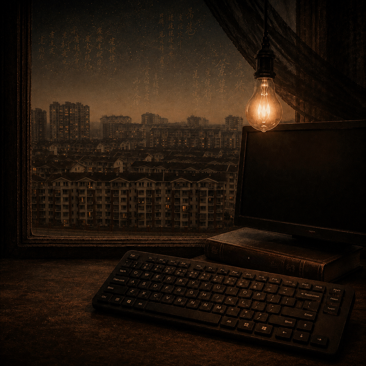 The desk by the window; a QWERTY keyboard, apartment blocks lit at dusk beyond the glass.