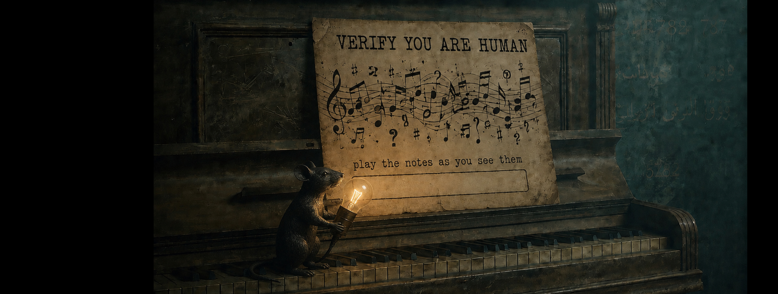 A mouse at a piano, lit by a single candle, before a sheet headed 'Verify you are human'.