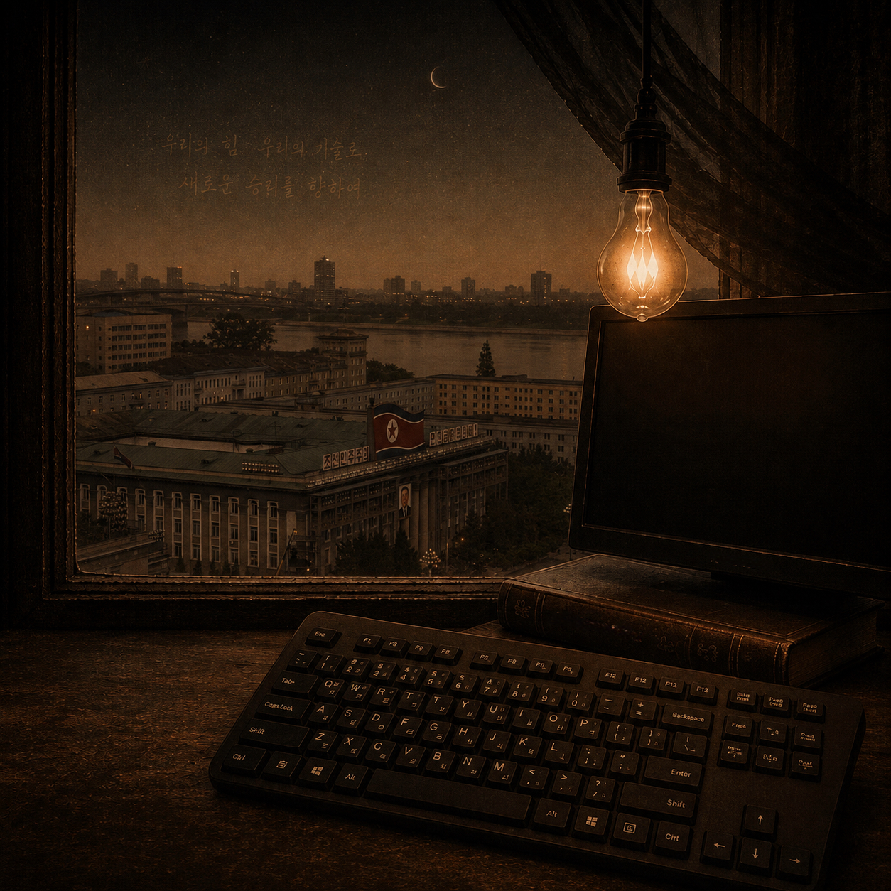 A darkened room; a desk with a keyboard and monitor by a window looking out over Pyongyang, the Taedong river and a slogan banner in the sky.