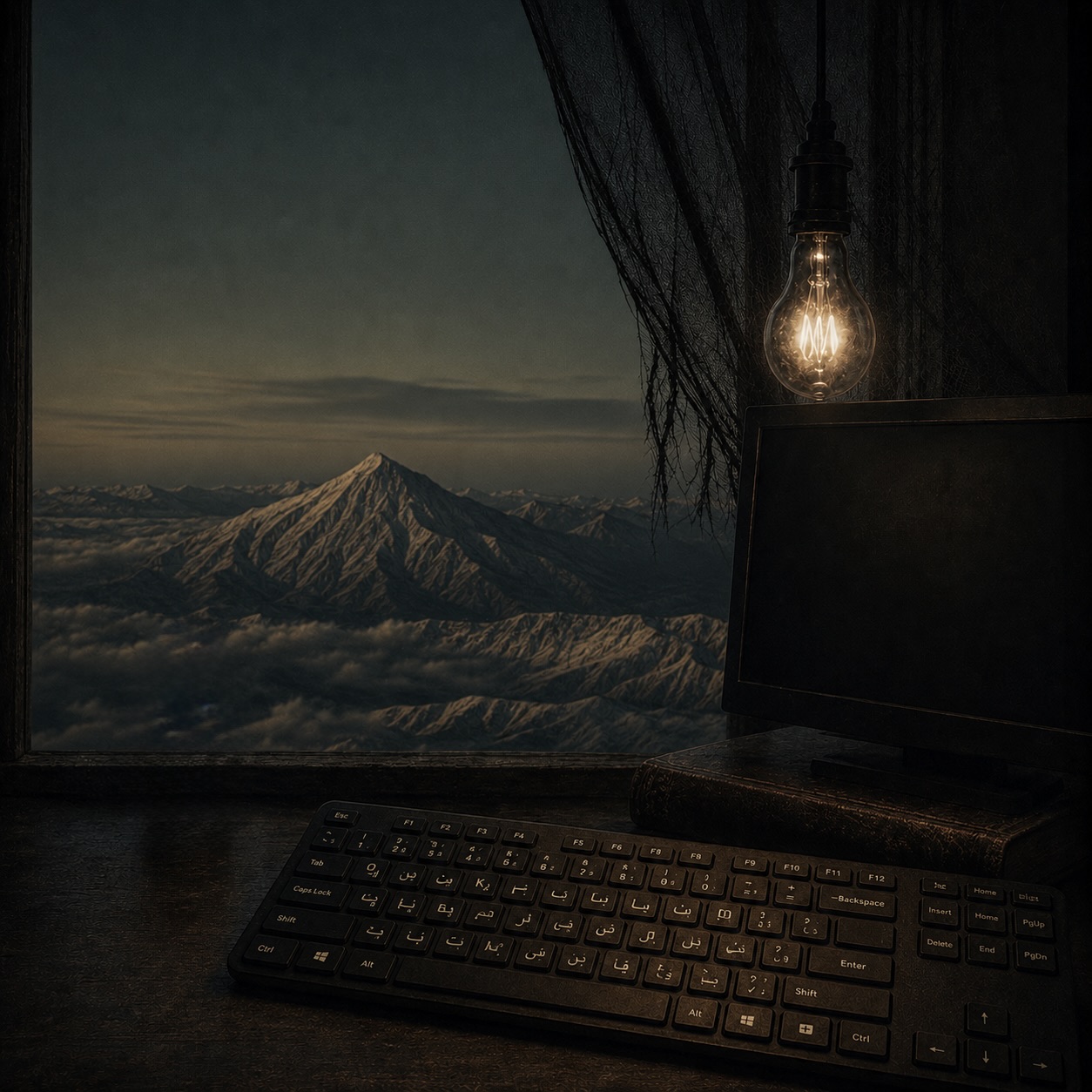 The desk by the window; a Persian keyboard, a snow-capped peak above the clouds.