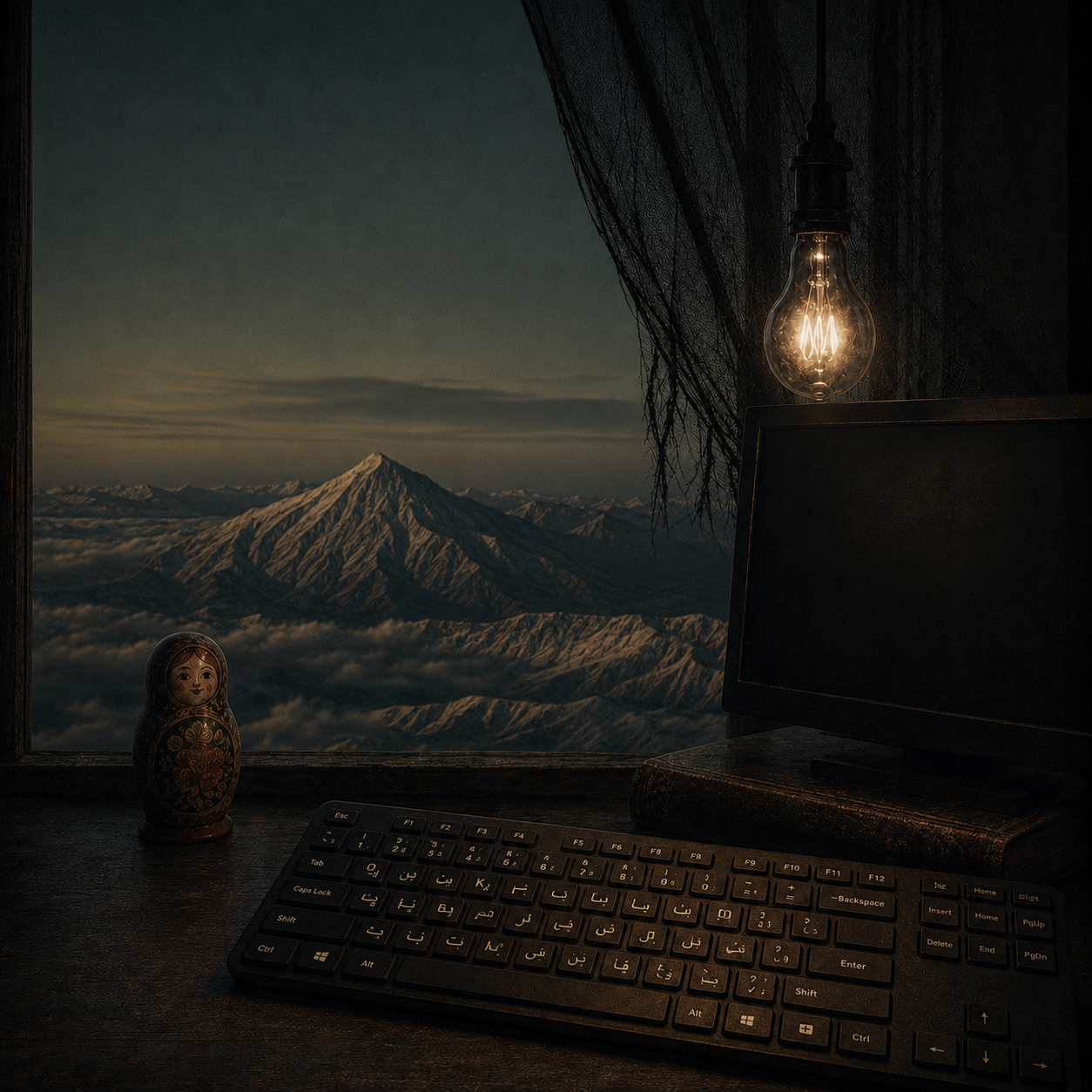 The desk by the window; a Persian keyboard, a snow-capped peak above the clouds.