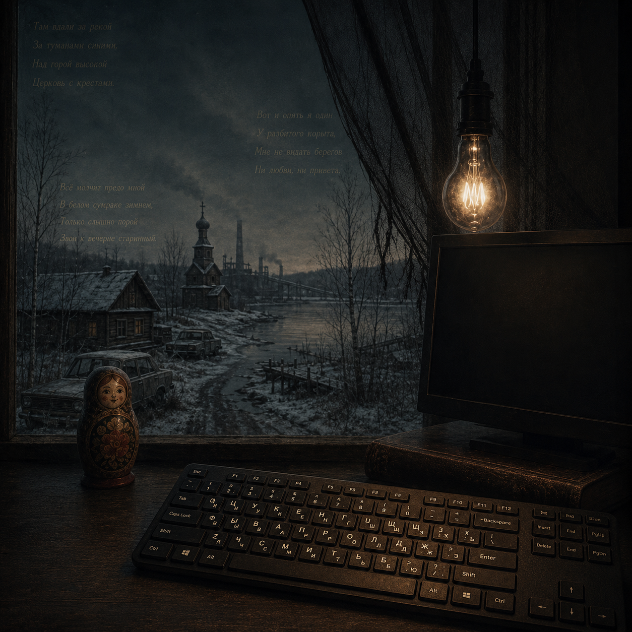 The desk by the window; a ЙЦУКЕН keyboard, a winter village with a church by the river.